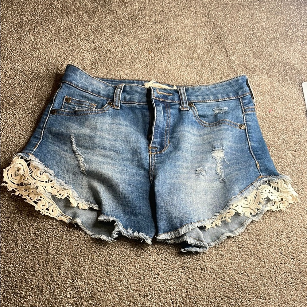 Altar'd State Blue and White Jean Shorts with Lace Trim